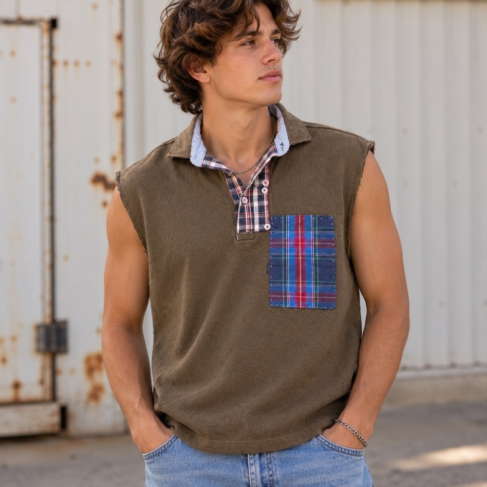 Vespucci Portofino Made in Italy Men's Sleeveless Polo Shirt Plaid Pocket Brown